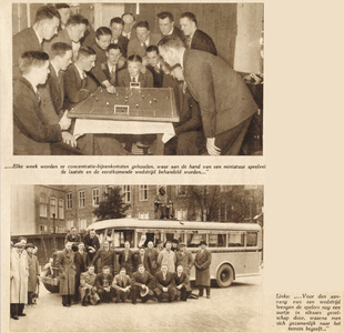 874785 Collage van 2 foto's betreffende de begeleiding van het eerste elftal van de Utrechtse voetbalclub D.O.S., dat ...